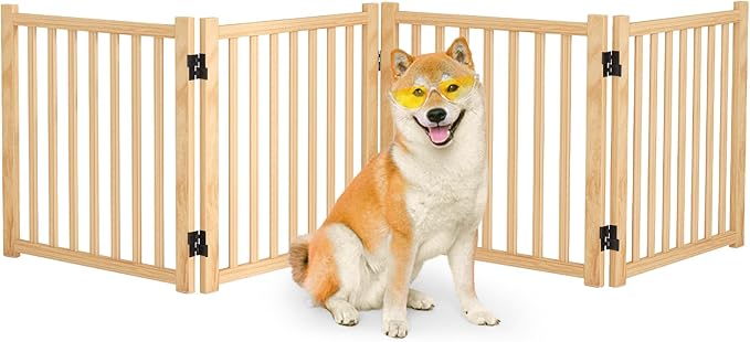 Wooden Freestanding Dog Gate Indoor - 23" H 4 Panels | No-Painted Foldable Pet Gates, Portable Folding Puppy Fence for Doorways, Stairs, Hallways