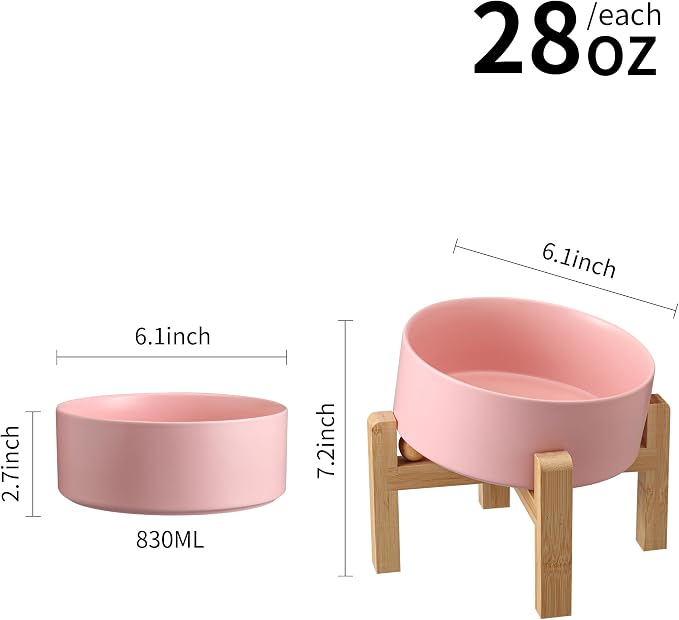 Pink Elevated/Raised 15°Tilted Anti Slip Ceramic Dog Bowl for Small/Medium Breeds,Slanted Bulldog Big Face Pet Food Water Feeding Dish with Stand for Cats and Dogs (3.6 Cups/28 OZ)