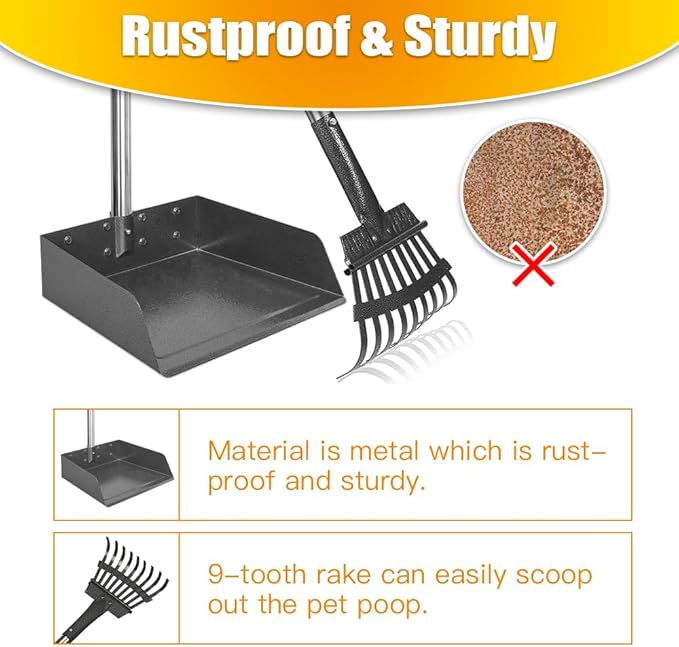 TOOGE Larger Pooper Scooper for Large Dogs Long Handle Stainless Metal | Dog Pooper Scooper for Large Medium Small Dogs Tray and Rake Set Heavy Duty