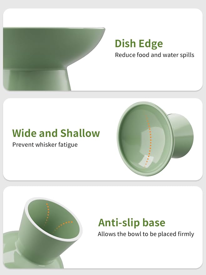 LoeJan Elevated Cat Food and Water Bowls Set, Extra Wide and Raised Ceramic Bowls, Anti-Vomit Whisker-Free Pressure Cat Feeder for Kittens to Adult Cats and Small Dogs