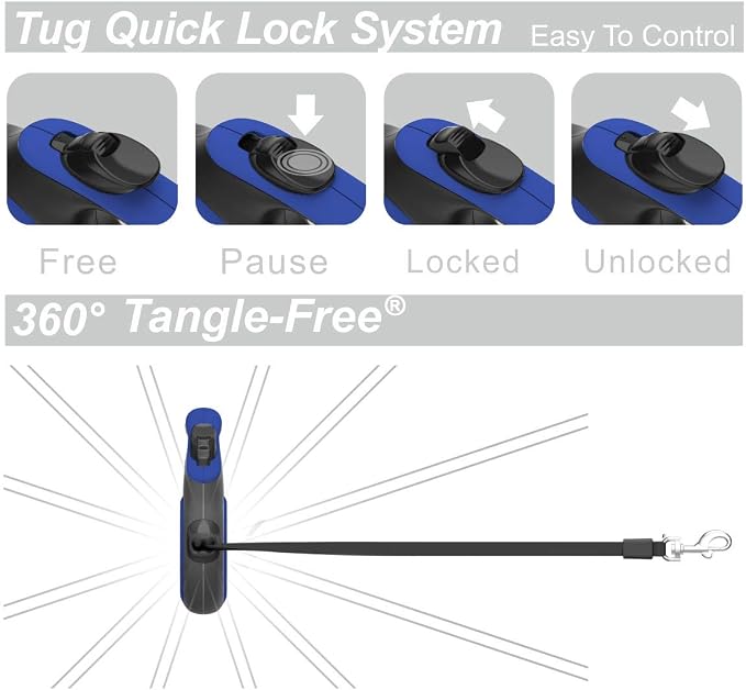 TUG 360° Tangle-Free Retractable Dog Leash with Anti-Slip Handle | 16 ft Strong Nylon Tape | One-Handed Brake, Pause, Lock (Medium, Blue)