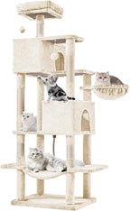 Sweetcrispy 66 Inch Cat Tree Tower, Multi Level with Hammock, Beige | Cat Climbing Tower with Natural Sisal Scratching Posts, Hammock, Pet Condo for Indoor Cats and Kittens Play