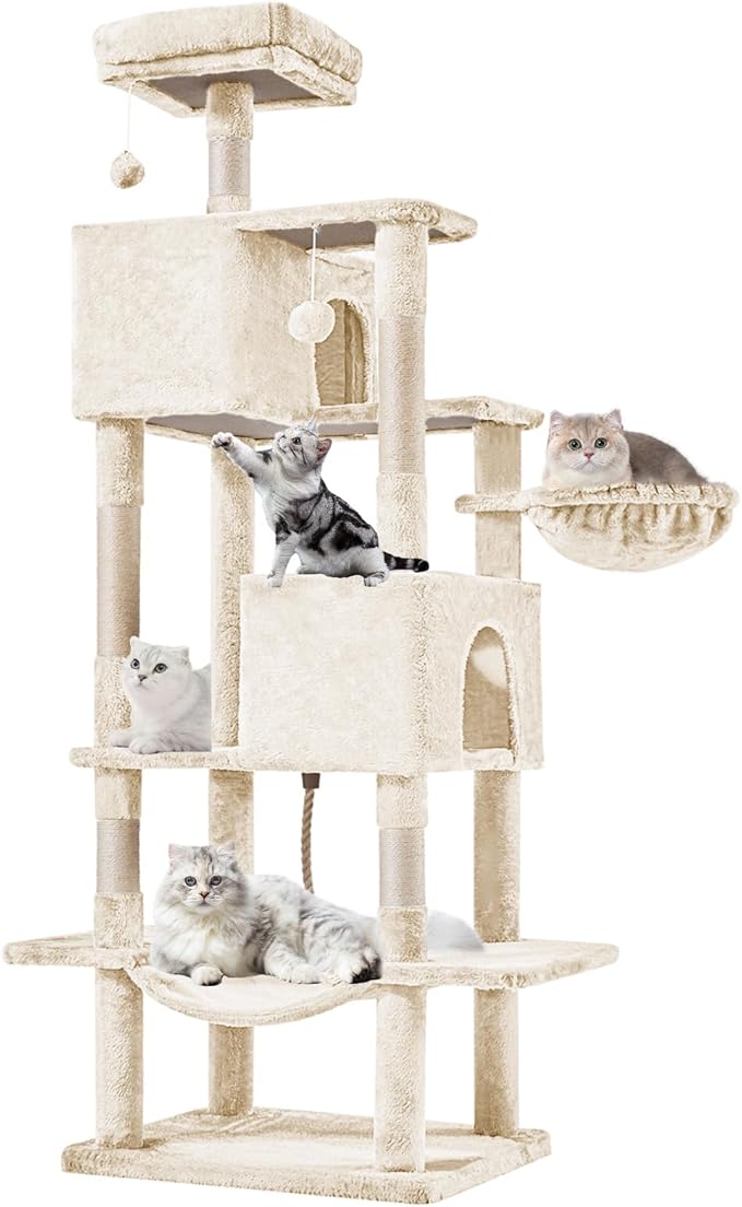 Large 66 Inch Cat Tree Tower for Indoor Catss, Beige | Multi-Level Tall Cat Tree Tower with Condo, Perches, Sisal Scratching Posts and Hammock, Pet Play House with Dangling Balls