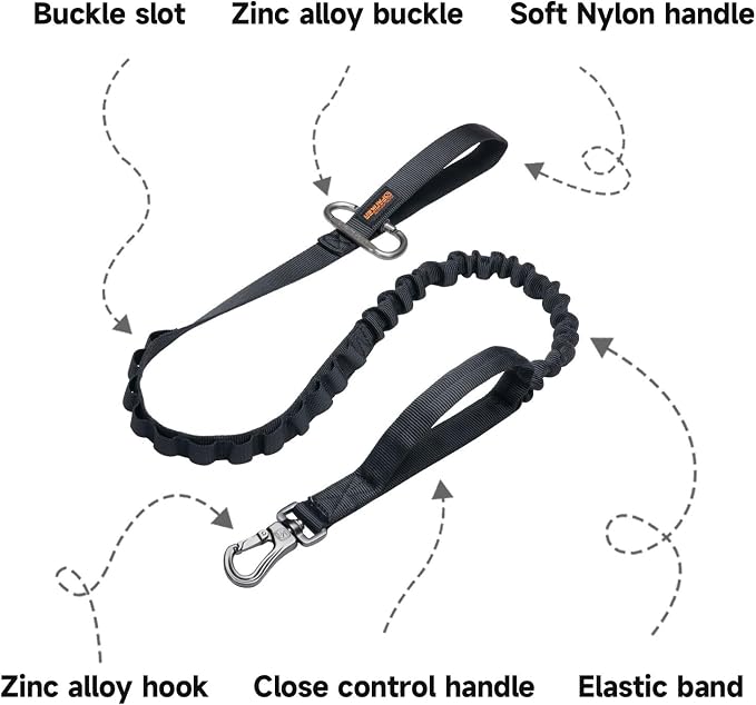 EXCELLENT ELITE SPANKER Tactical Military Bungee Nylon Dog Leash Adjustable | Adjustable No Pull Leads Rope Quick Release with 2 Control Handle heavy duty durable for training huntingfor medium large dog