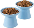 CEEFU 2-Pack Extra Wide Elevated Ceramic 6.2" Shallow Cat Food Bowls | Cat Dish for Whisker Fatigue Relief, 5" Height for Easy Feeding, Durable Raised, Blue
