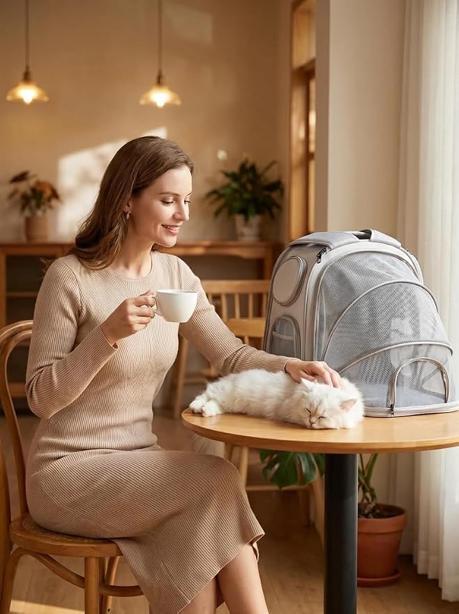 Interactive Expandable Pet Carrier Backpack for Cats & Small Dogs-Interactive Opening Pet Tent Backpack. Expandable for Extra Space.Breathable,Foldable Nest Bed for Travel, Walks,Vet & Home-Gray