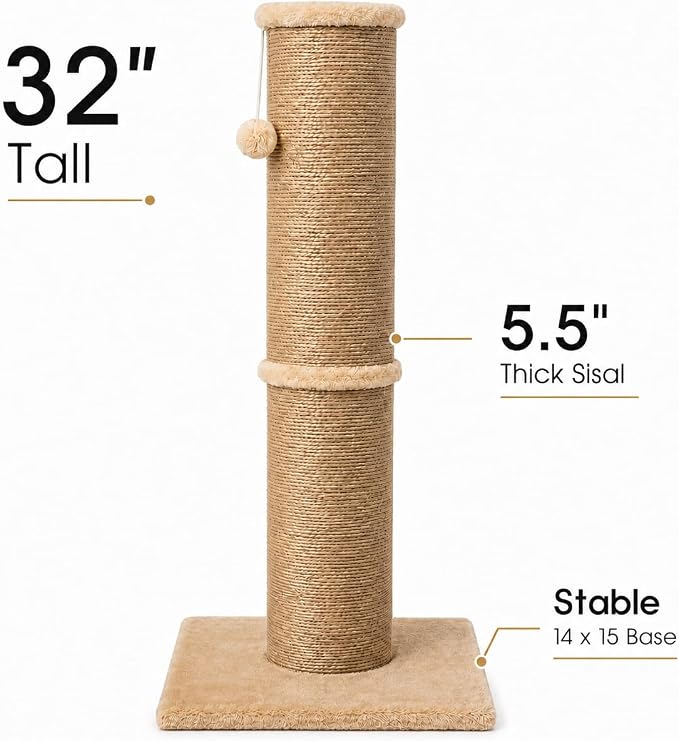 PAWSCRAT 32-Inch Tall Cat Scratching Post, 5.5-Inch Diameter, Sisal, Yellow | Natural Sisal Scratching Surface with a Dangling Ball for Indoor Cats, Scratch-Resistant Durable and Protect Your Furniture