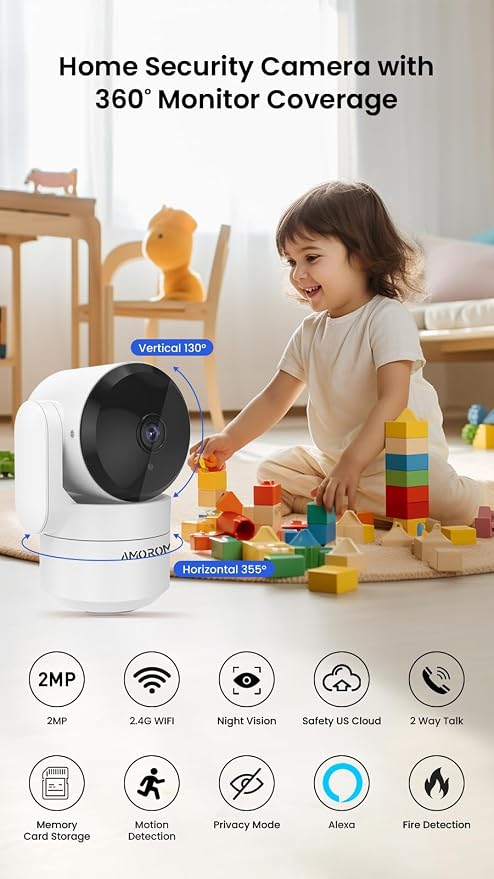 360° Indoor Security Camera, Home/Baby/Elderly/Dog/Cat/ Monitoring Cameras | AI Motion Detection, Night Vision, 2-Way Audio, SD Card Local/Cloud Storage, Work with Alexa & Google Assistant, 2.4G WiFi