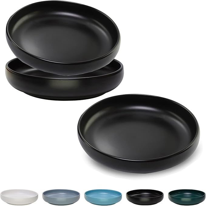 Ceramic Cat Bowls - Shallow Dishes for Food and Water, 6 Inch Matte Finish Wide Cat Food Bowl, Whisker Fatigue Free Pet Puppy Kitten Bowl Set of 3, Dishwasher Safe