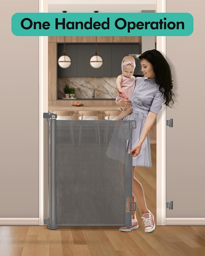 Retractable Baby Gates, Mesh Dog Gate for Doorways, 33.6" Tall, Expands to 71" Wide,Pet Safety Essential Fit for Baseboards, Wide Toddlers Gates for Hallways, Indoor & Outdoor,Gray