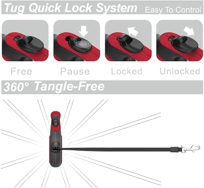 TUG 360° Tangle-Free Retractable Dog Leash with Waste Bag Dispenser (Large, Red)