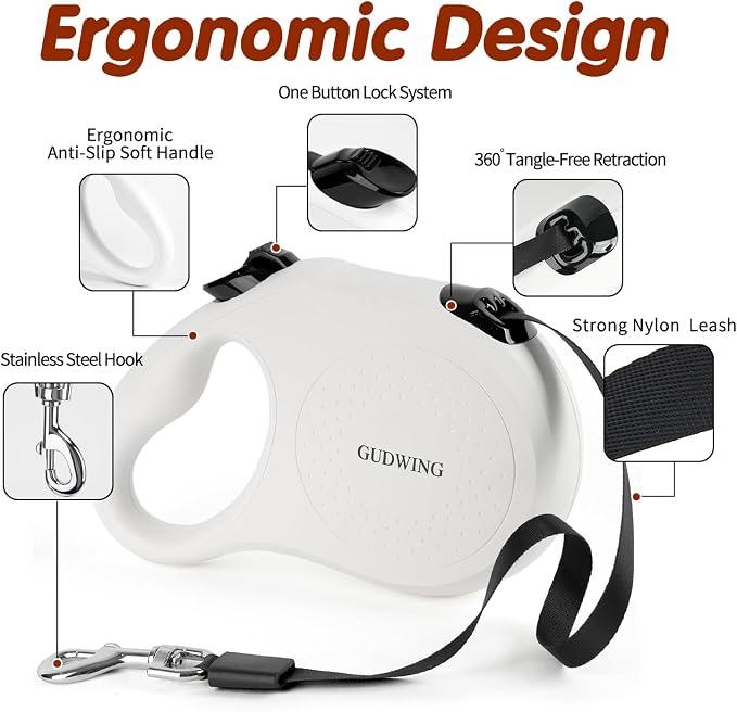 26FT Retractable Dog Leash, Heavy Duty Great Leash for Dog up to 110 lbs, 360° Tangle-Free RetractionOne-Handed Brake, Strong Nylon Tape (Large, White)