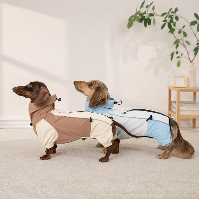 Dachshund Dog Raincoat with Legs, Waterproof Full Body Jacket, Hooded Outdoor Windbreaker for Small & Medium Dogs, Mini Dachshund Puppy Coat (Brown,M(13-17 lbs))