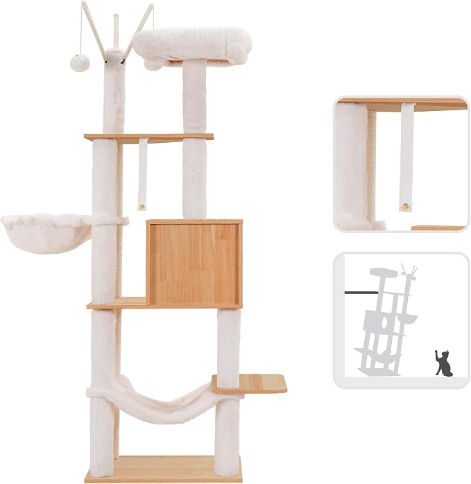 Hey-brother Wooden Cat Tree Tower with Hammock for Indoor Cats, MPJ120WB | 66.14 Inches Modern Scratching Post with Large Condo, Plush Top Platform, Cozy Basket, Bed, Hanging Toys, Walnut