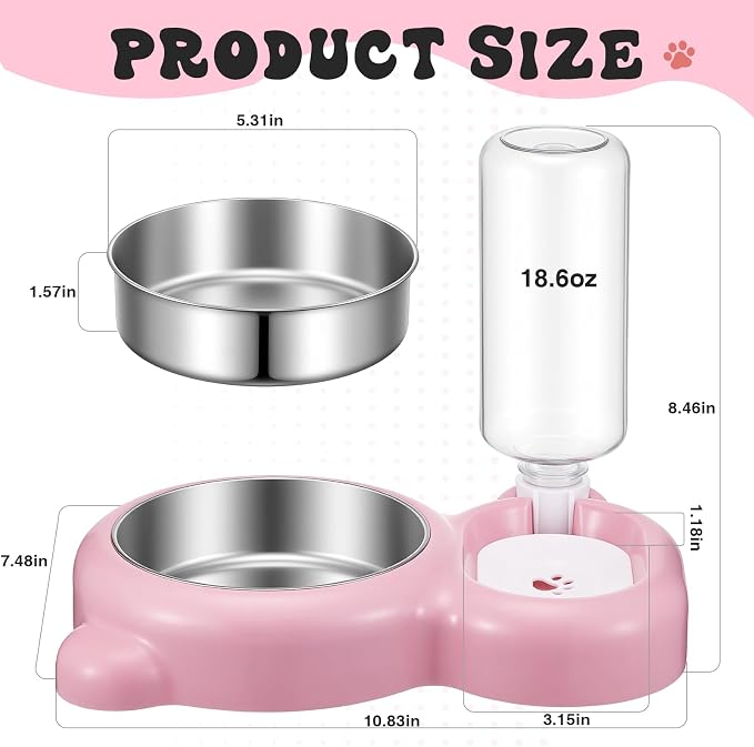 Pink Cat Food and Water Bowl and Non-Slip Silicone Mat Set Stainless Steel Food Bowl with 18.6oz Large Capacity Water Dispenser for Cats and Small Dogs