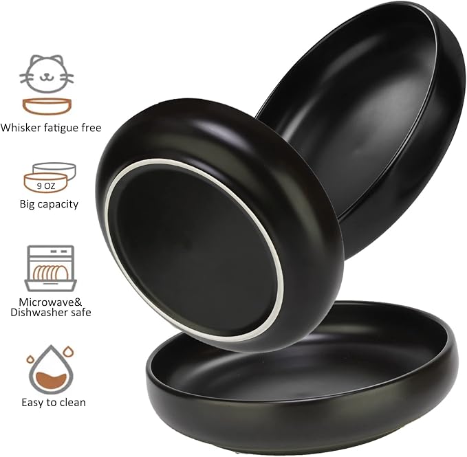 Ceramic Cat Bowls - Shallow Dishes for Food and Water, 6 Inch Matte Finish Wide Cat Food Bowl, Whisker Fatigue Free Pet Puppy Kitten Bowl Set of 3, Dishwasher Safe