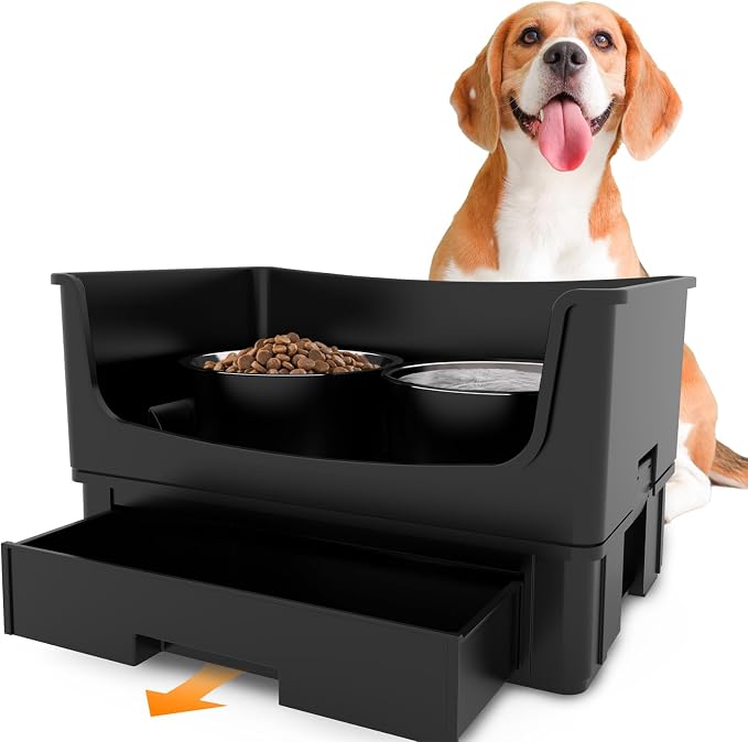 Mess Proof Raised Dog Bowls,Elevated Dog Bowl Stand Set 2 Stainless Steel Food Bowls,Splash Water Collection Non-Slip Medium Sized Feeding Table