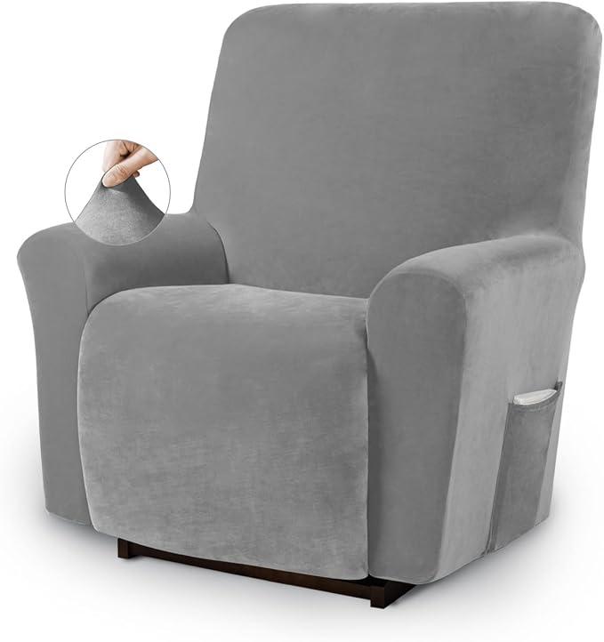 Asnomy Stretch Recliner Chair Covers Slipcover with Pockets 1-Piece（Silver） | Velvet Washable Elastic Luxury Plush Reclining Furniture Protector for Dogs Cats or Lazy Boy Recliner Covers