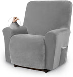 Asnomy Stretch Recliner Chair Covers Slipcover with Pockets 1-Piece（Silver） | Velvet Washable Elastic Luxury Plush Reclining Furniture Protector for Dogs Cats or Lazy Boy Recliner Covers