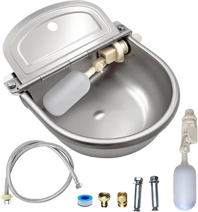 Automatic Water Bowl 304 Stainless Steel Pet Water Dispenser Dog Feeder Waterer for Large Dogs with 40" Steel Hose, 2 Float Valve, Copper Connector Adapter, 2 Bolts (Without Drainage Hole)