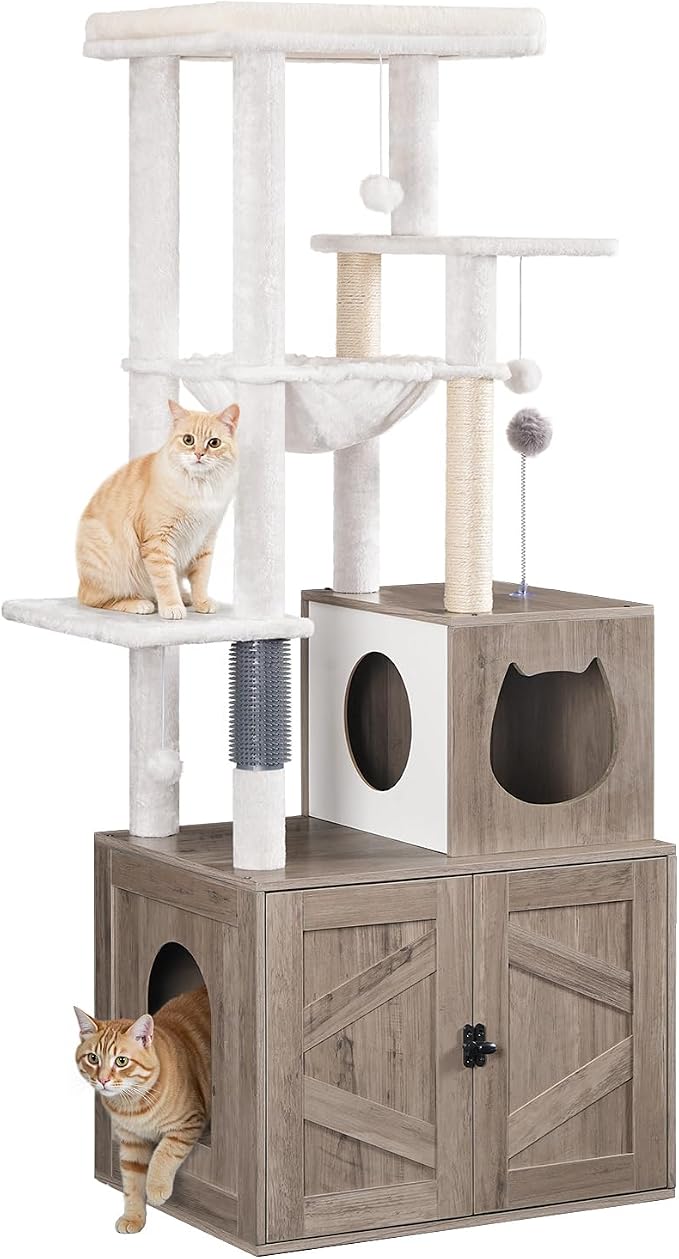 HOOBRO Cat Tree with Litter Box Enclosure, Tall Cat Tower for Indoor Cats, All-in-One Modern Cat Condo, Hidden Litter Box Enclosure Furniture, with Cat House, Sisal Posts, Greige and White BG51MZ03