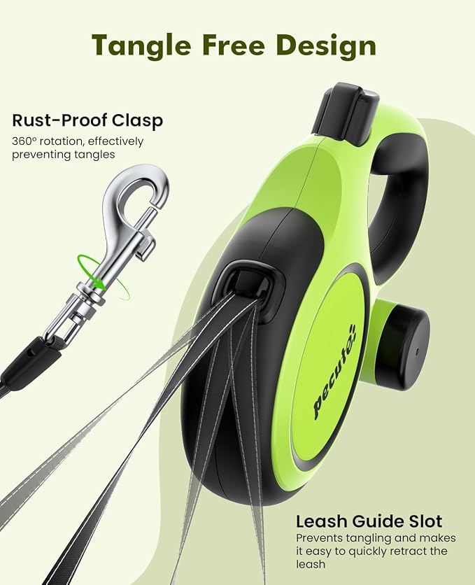 Pecute 16.4ft Retractable Dog Leash with 1.6ft Chew Proof Steel Cable | For Power Chewers & Pullers, Heavy Duty Locking for Medium/Large Dogs 33lbs-110lbs, Anti-Tangle & Poop Bag Holder Included