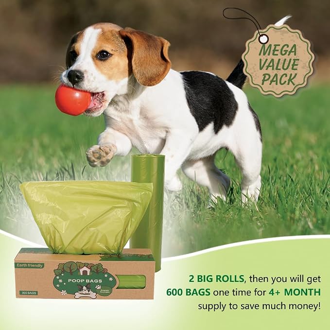 Dog Poop Bags Big Roll 300 Bags per Roll, 2 Pack, 600 Counts Bags | Large Poop Bags for Dogs Durable Doggie Poop Bags Cat Waste Bags Easy Dispensing and Grab