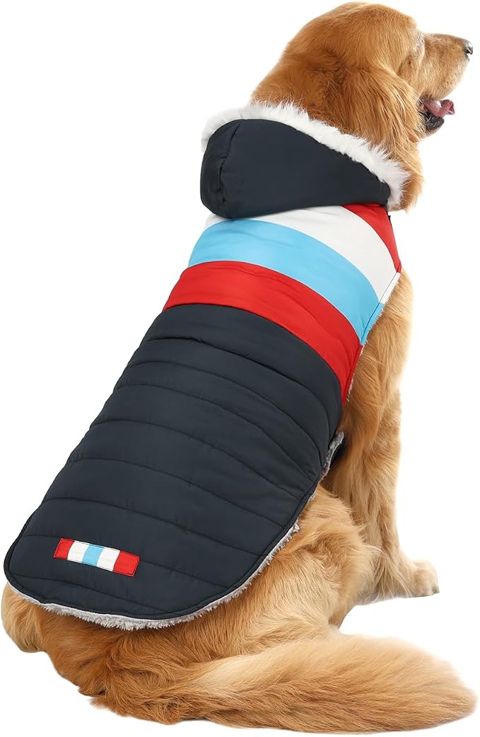 HDE Dog Puffer Jacket Fleece Lined Warm Dog Parka Winter Coat with Harness Hole Patriotic - L