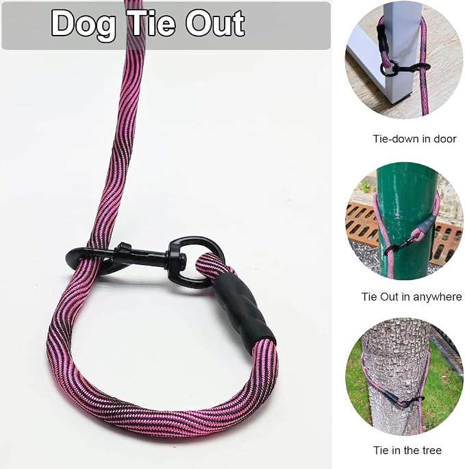 BTINESFUL 8ft 12ft 20ft 30ft 50ft 75ft Dog Tie Out Rope Leash, Long Tether Outdoor Yard Leash, Large Medium Dogs Training, Playing, Camping, Backyard Dog Lead (50 Foot, Pink Black)