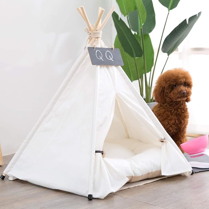 Scnbom Pet Teepee Dog & Puppy Cat Tents Tipi Bed Portable Houses | with Thick Cushion for Pets Up to 20lbs