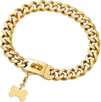 Gold Dog Chain Collar with Design Secure Buckle & ID Tag,18K Cuban Link Strong Heavy Duty Chew Proof Metal Walking Collar for Medium Dogs(19MM 16'')