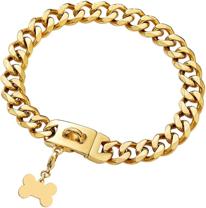 Gold Dog Chain Collar with Design Secure Buckle & ID Tag,18K Cuban Link Strong Heavy Duty Chew Proof Metal Walking Collar for Medium Dogs(19MM 16'')