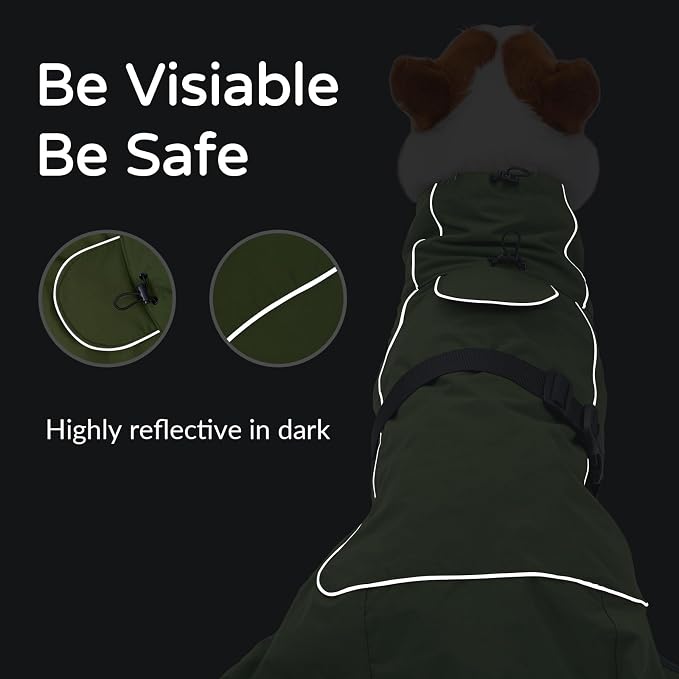 Waterproof Large Dog Raincoat, Windproof Rain Jacket with Velvet Lining for Outdoor Windy Weather, Breathable Full-Body Coverage Dry Suit Coat with Reflective Strips for Extra Big Dog (Green, XL)