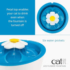 Catit LED Flower Fountain with Triple Action Filter, 3 L, Blue | Cat Drinking Water Fountain