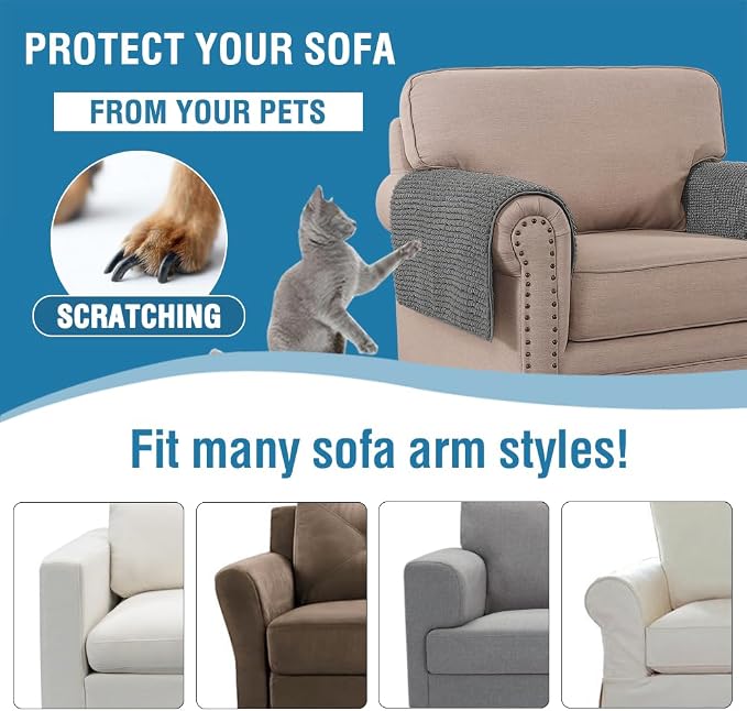 H.VERSAILTEX Plush Chenille Couch Armrest Cover 2 Packs Thick and Soft Sofa Covers Furniture Protector Cover for Pets (27.5" x 27.5", Grey)