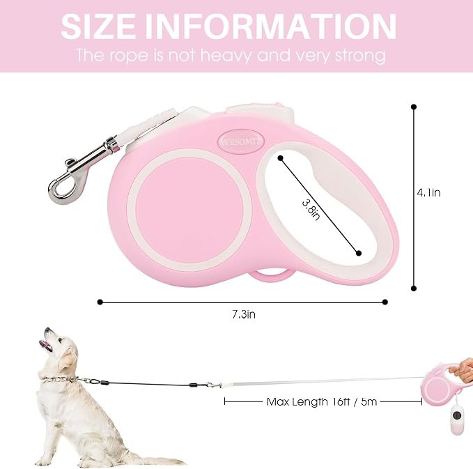 Upgraded 16 Ft Retractable Dog Leash with Chew Proof Cable - Pink | Heavy Duty Dog Leash with Poop Bag Dispenser for Small Medium Large Dogs up to 120lbs, 360° No Tangle, One-Handed Brake