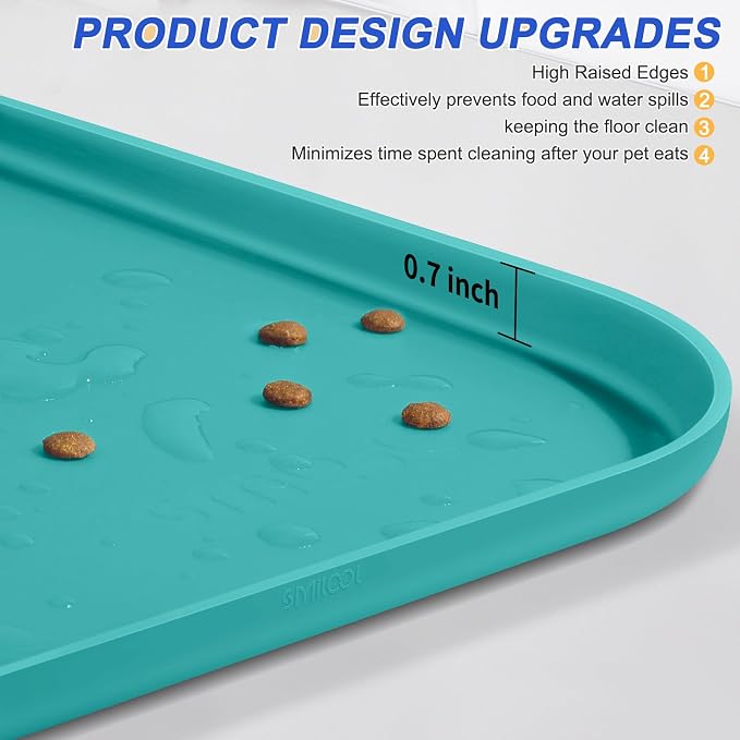 SMILOOL Silicone Pet Food Mat with Raised Edge for Food and Water Bowl, Dog Feeding Mats, Cat Food Trays for Floor Waterproof, Rubber Tray for Dogs and Cats, 19 x 12 x 0.7 Dark Turquoise