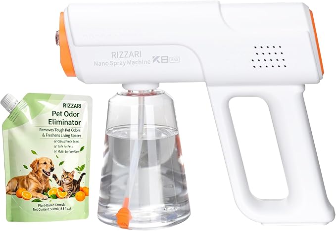 RIZZARI Cordless Pet Odor Control Spray Bundle, Rechargeable Nano Mist Sprayer with 500ml Pet-Safe Deodorizer for Cat Litter Boxes, Dog Beds, Carpets & Home Pet Areas