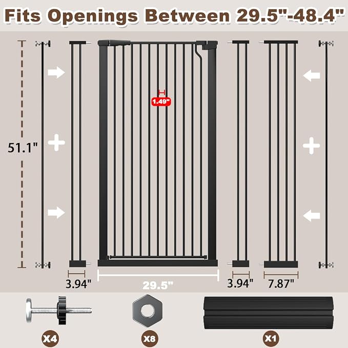Fairy Baby 51.1" Extra Tall Pet Gate 29.5"-48.4" Extra Wide Cat Dog Gates | Tall Baby Gate for Doorway, Pressure Mounted No Drill, 1.37" Narrow Bar Spacing, Walk Thru Auto Close Metal Doggy Gate, Black