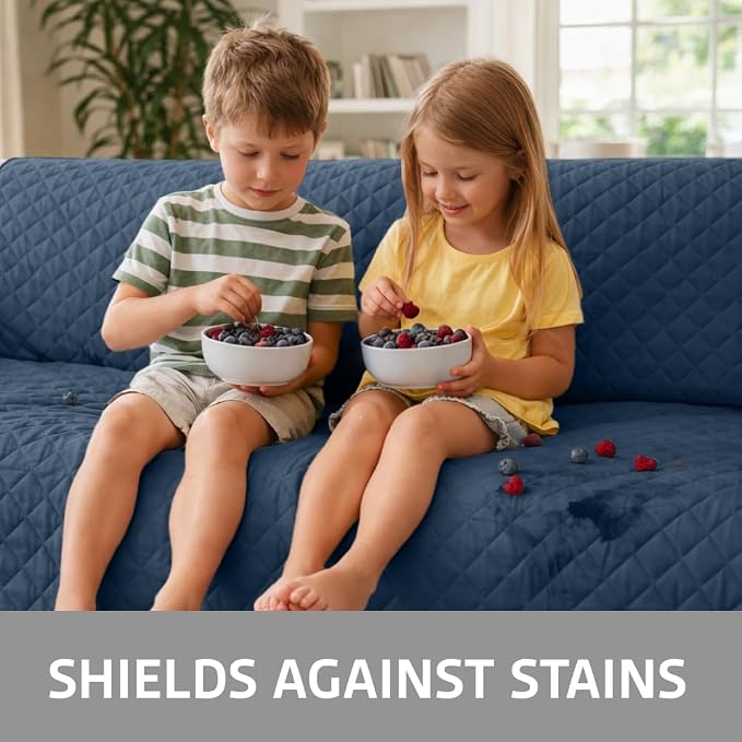 Sofa Shield 100% Waterproof Couch Cover with Patented Straps, Slip & Stain Resistant Furniture Protector, Machine Washable Sofa Slipcover for Dogs Cats Pets Kids, 28 inch Seat, Large Recliner, Navy