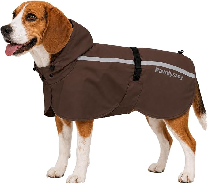 Stretch Fabric Dog Raincoat with Hood, Reflective Rain Poncho for Medium Large Dogs, Adjustable Waterproof Dog Rain Jacket with Leash Opening for Walking & Camping, Brown, Medium
