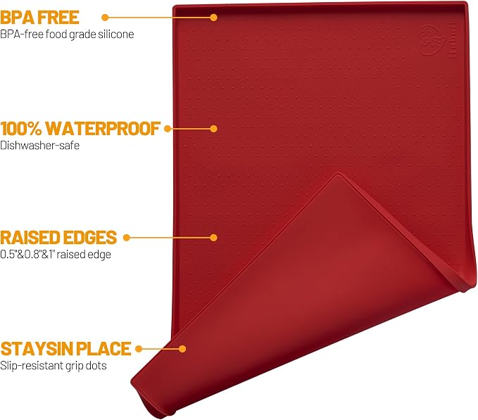 Hubulk Dog Feeding Mat,100% Waterproof Food Grade Silicone Pet Food and Water Bowl Placemat,Dishwasher, High Raised Edge to Prevent Spills,Nonslip Tray to Stop Messes on Floor (24"x16"x0.5", Red)