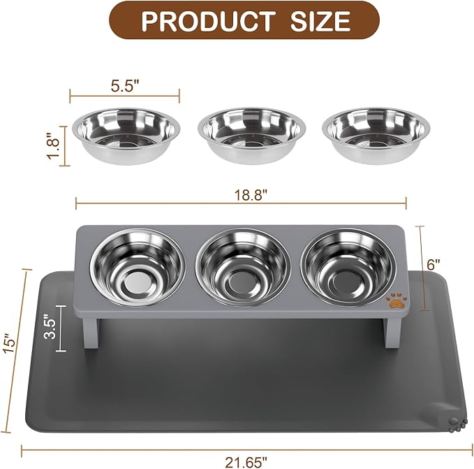 Elevated Cat Bowls with 3 Stainless Steel Bowls | 15° Tilted Anti-Vomiting Raised Cat Food Bowl with Solid Wood Stand and Silicone Pad for Cats and Small Pets Bowl(Slate Grey)
