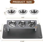 Elevated Cat Bowls with 3 Stainless Steel Bowls | 15° Tilted Anti-Vomiting Raised Cat Food Bowl with Solid Wood Stand and Silicone Pad for Cats and Small Pets Bowl(Slate Grey)