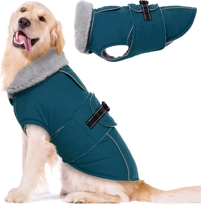 Lelepet Dog Coats for Large Dogs Waterproof Dog Jacket with Adjustable Fit | Winter Jacket Reflective Pet Fleece Vest Windproof Cold Weather Coats with Adjustable Buckle & Leash Hole, Dark Green, XXL