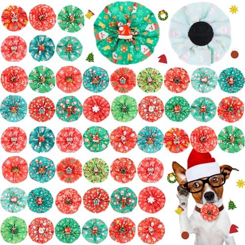 Huhumy 50 Pcs Christmas Dog Collar Bows Bulk Red and Green Xmas Bow Ties Flower Charms Attachment for Small Medium Large Dogs Cats Collar Christmas Costume Accessories by Huhumy