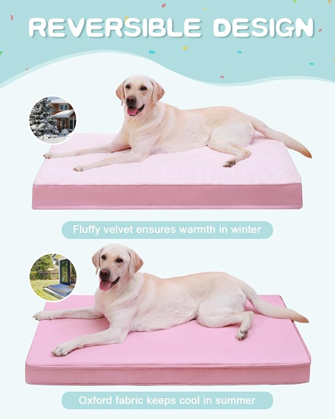 KSIIA Orthopedic Dog Bed for Extra Large Dogs with Waterproof, Pink, 47x29 | Deluxe Soft Plush Dog Crate Bed, Washable Pet Mat with Removable Cover & Egg Crate Foam for Extra Large Dogs Sleeping