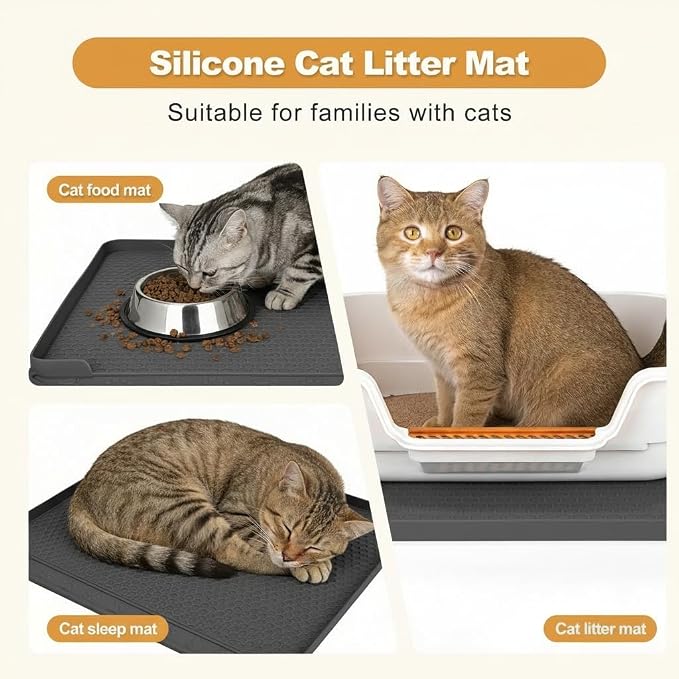 Cat Litter Mat, 24''x20'' Waterproof Silicone Litter Trapping Mat for Litter Box, Soft on Kitty Paws Non-Slip & Easy to Clean (Dark Grey)