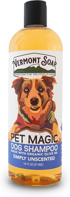 VERMONT SOAP Organic Pet Shampoo, Unscented Natural Dog Shampoo, 16 oz | Unscented organic olive oil, coconut & aloe vera, sensitive skin care, USDA certified , fragrance free, dog shampoo grooming