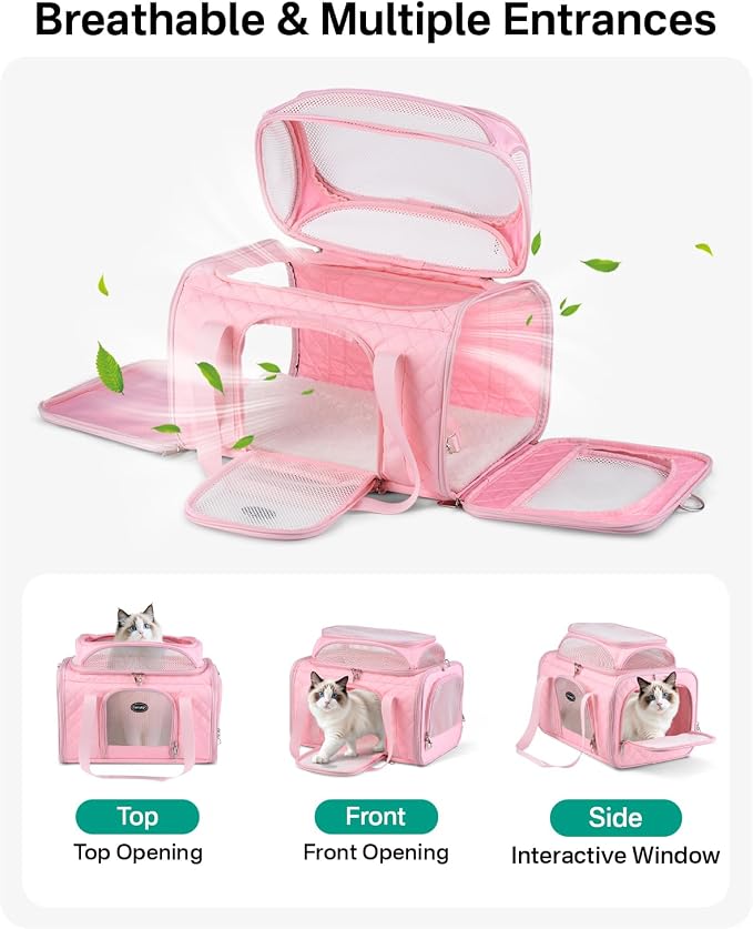Top Expandable Cat Carrier for Airline Travel, 17x11x9.5 in, Pink | Stable reinforced frame, locking zippers, and breathable mesh for airport waits, vet visits, road trips, and daily travel